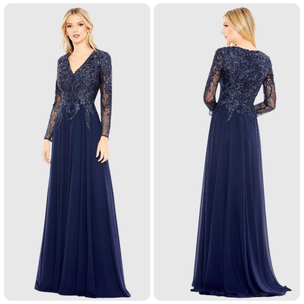 NWT Mac Duggal Blue Embellished Illusion V-Neck Long Sleeve Gown 20388 Size 18